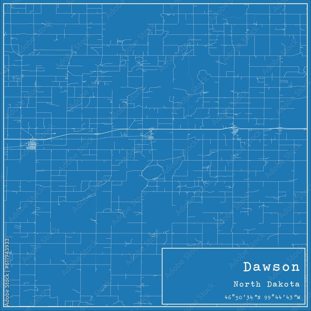 Blueprint US city map of Dawson, North Dakota.