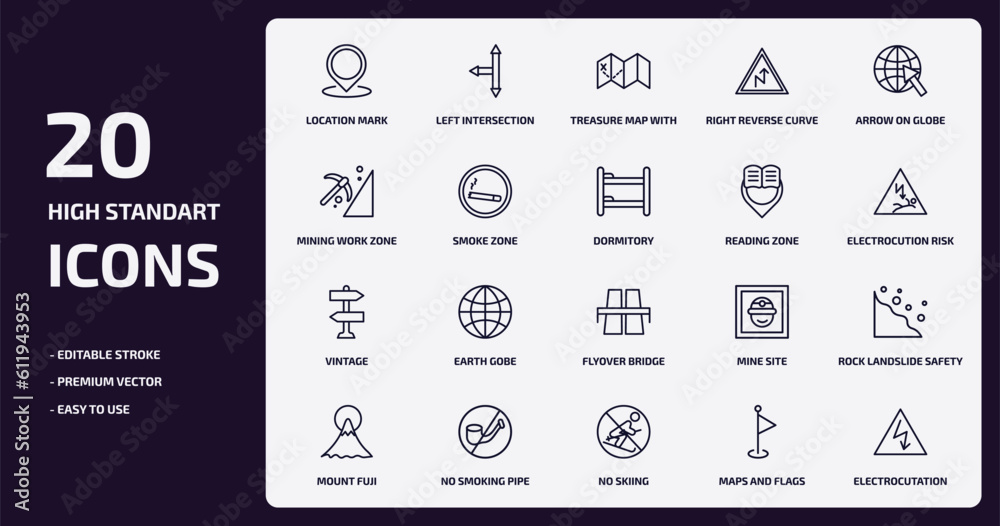 maps and flags outline icons set. maps and flags thin line icons pack such as location mark, right reverse curve, smoke zone, vintage, no smoking pipe, no skiing, maps and flags, electrocutation