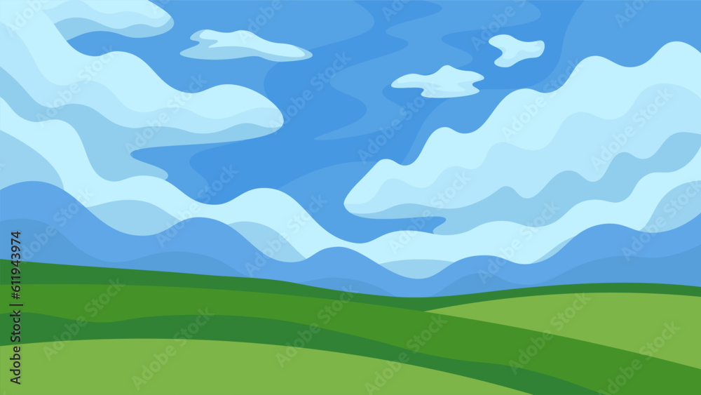 Horizontal nature landscape illustration. Beautiful green hills on blue sky with clouds background.