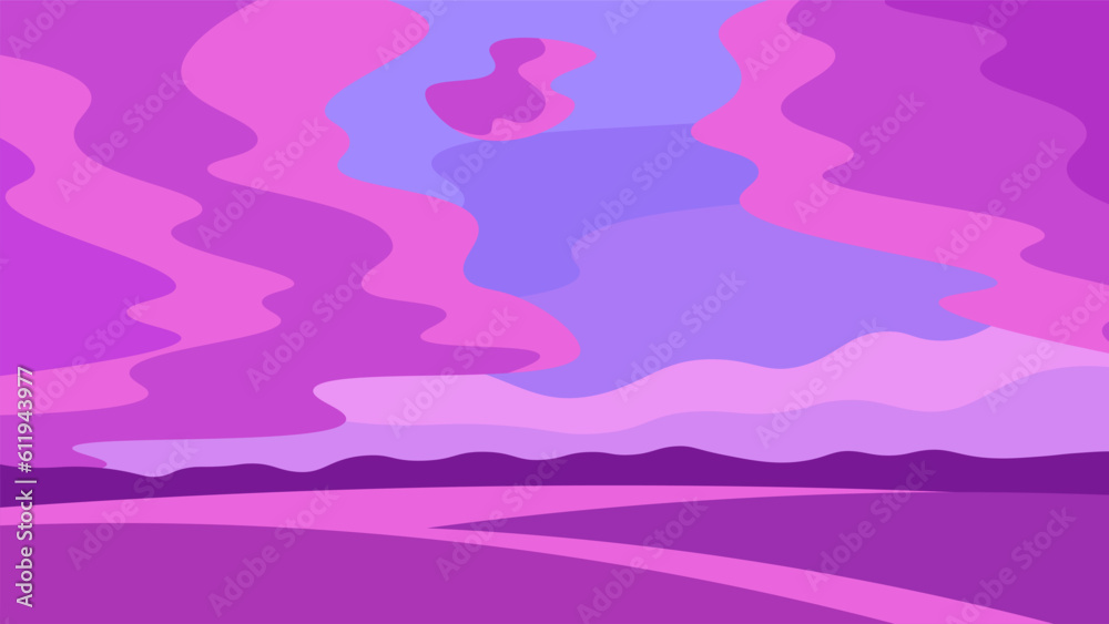 Evening hills on beautiful pink sky with clouds background. Horizontal rural landscape illustration.