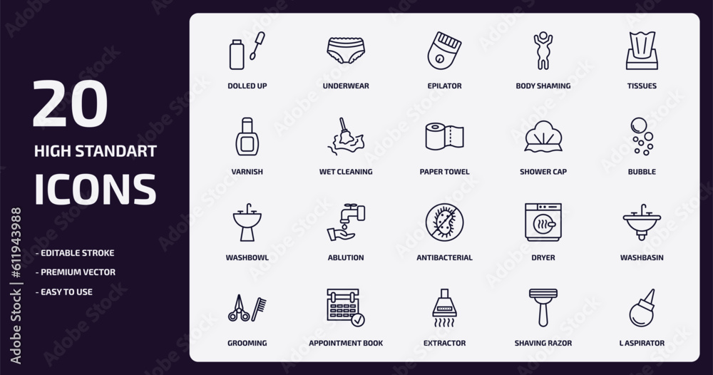 hygiene outline icons set. hygiene thin line icons pack such as dolled up, body shaming, wet cleaning, washbowl, appointment book, extractor, shaving razor, l aspirator vector. hygiene outline icons set. hygiene thin line icons pack such as dolled up, body shaming, wet cleaning, washbowl, appointment book, extractor, shaving razor, l aspirator vector.