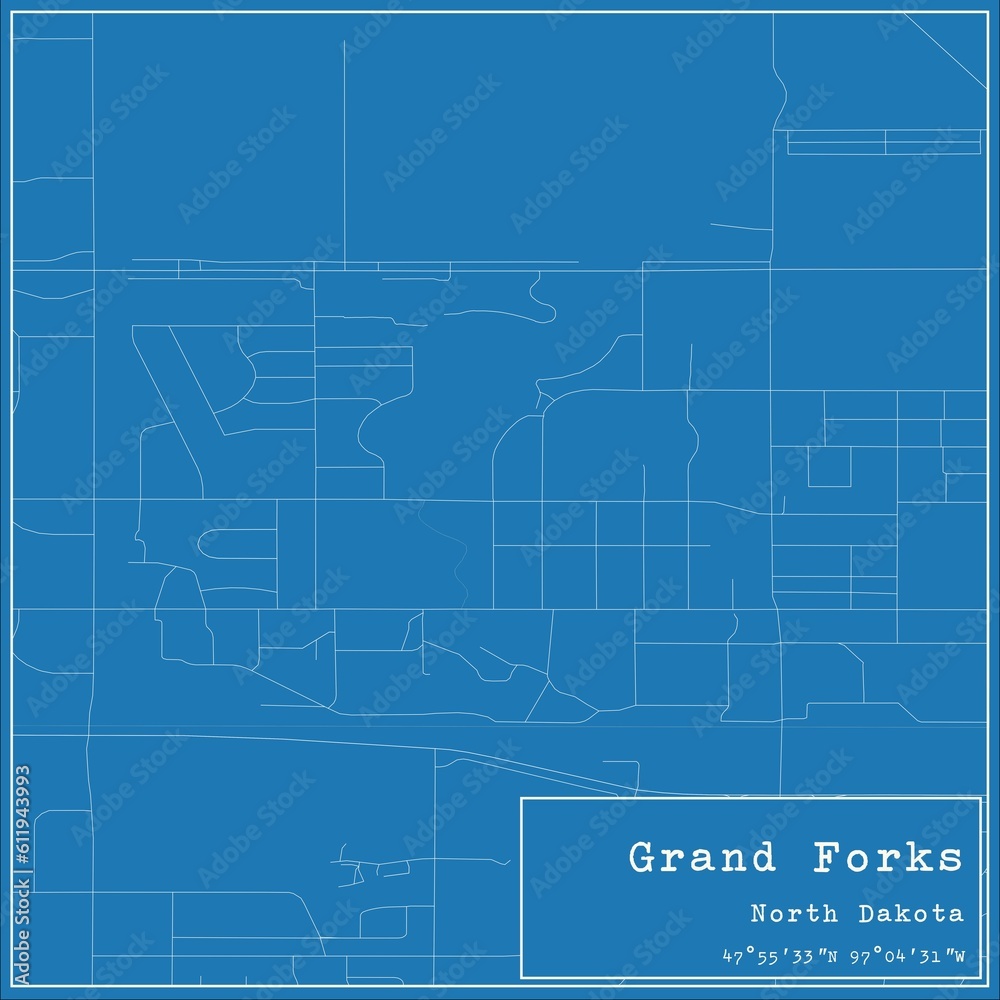 Blueprint US city map of Grand Forks, North Dakota.