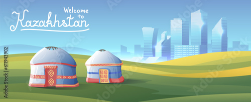 Kazakhstan traditional yurts on modern metropolis background.