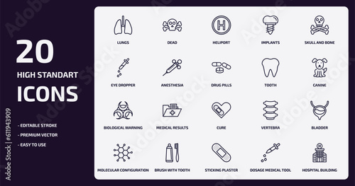 medical outline icons set. medical thin line icons pack such as lungs, implants, anesthesia, biological warning, brush with tooth paste, sticking plaster, dosage medical tool, hospital building