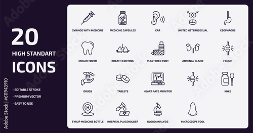 medical outline icons set. medical thin line icons pack such as syringe with medicine, united heterosexual, breath control, drugs, hospital placeholder, blood analysis, microscope tool, l vector.