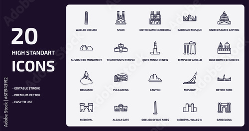 monuments outline icons set. monuments thin line icons pack such as walled obelisk, badshahi mosque, thatbyinnyu temple, denmark, alcala gate, obelisk of bue aires, medieval walls in avila,