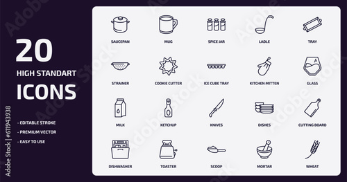 kitchen outline icons set. kitchen thin line icons pack such as saucepan, ladle, cookie cutter, milk, toaster, scoop, mortar, wheat vector.