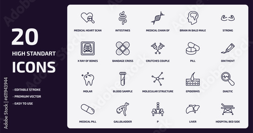 medical outline icons set. medical thin line icons pack such as medical heart scan, brain in bald male head, bandage cross, molar, gallbladder, p, liver, hospital bed side view vector.