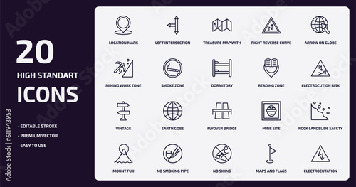 maps and flags outline icons set. maps and flags thin line icons pack such as location mark, right reverse curve, smoke zone, vintage, no smoking pipe, no skiing, maps and flags, electrocutation