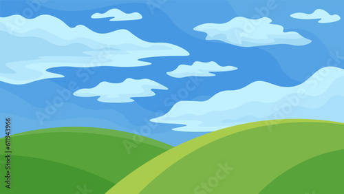 Bright green hills on a blue sky with clouds background. Horizontal rural landscape illustration.