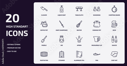 kitchen outline icons set. kitchen thin line icons pack such as cleaver, seasoning, knife sharpener, paddle, steamer, aluminum foil, pan, chef hat vector.