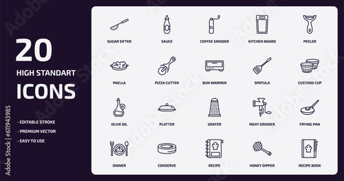 kitchen outline icons set. kitchen thin line icons pack such as sugar sifter, kitchen board, pizza cutter, olive oil, conserve, recipe, honey dipper, recipe book vector.