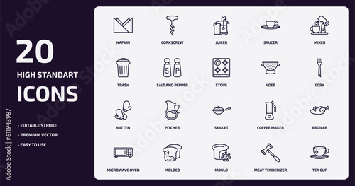 kitchen outline icons set. kitchen thin line icons pack such as napkin, saucer, salt and pepper, mitten, molded, mould, meat tenderizer, tea cup vector.