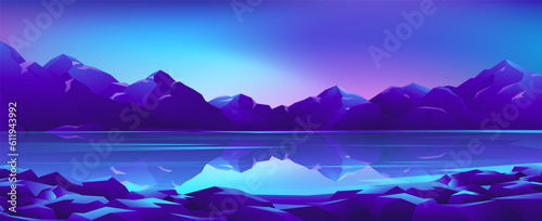 Beautiful night view of the mountainous terrain. Fjords on northern lights background.