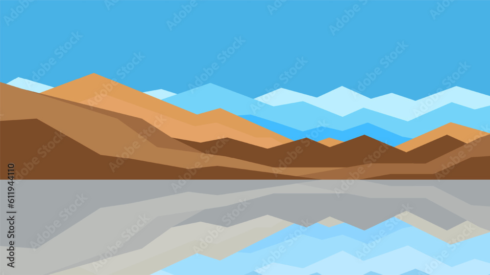 Bright brown mountains by the riverbank against a blue clear sky backdrop. Minimalistic flat horizontal landscape.