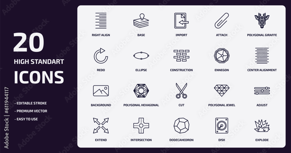 geometry outline icons set. geometry thin line icons pack such as right align, attach, ellipse, background, intersection, dodecahedron, disk, explode vector.