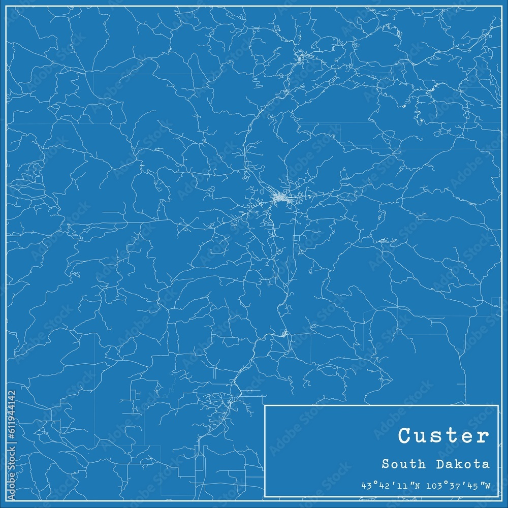 Blueprint US city map of Custer, South Dakota.