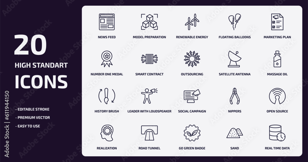 general outline icons set. general thin line icons pack such as news feed, floating balloons, smart contract, history brush, road tunnel, go green badge, sand, real time data vector.