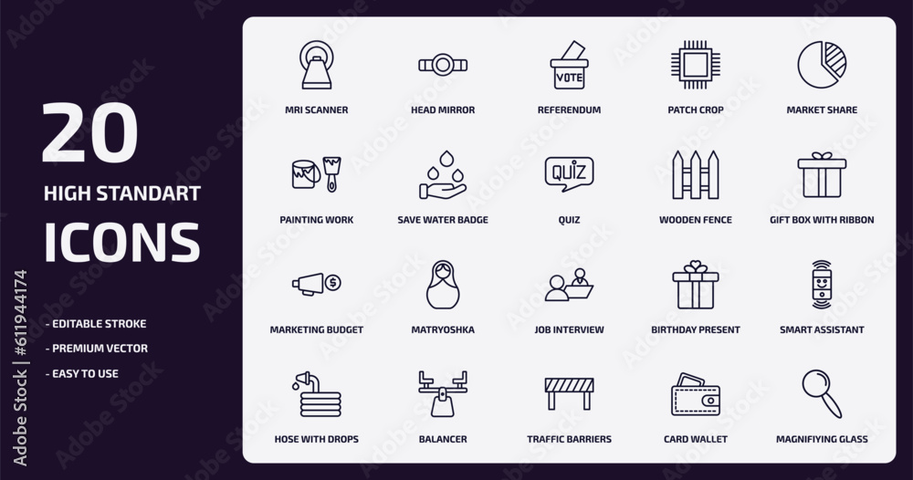 general outline icons set. general thin line icons pack such as mri scanner, patch crop, save water badge, marketing budget, balancer, traffic barriers, card wallet, magnifiying glass vector. general outline icons set. general thin line icons pack such as mri scanner, patch crop, save water badge, marketing budget, balancer, traffic barriers, card wallet, magnifiying glass vector.