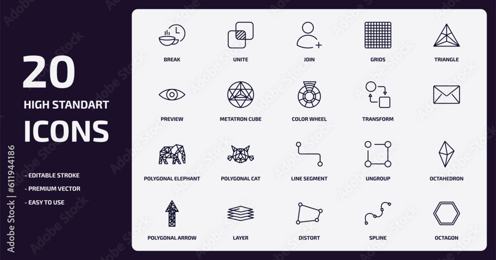 geometry outline icons set. geometry thin line icons pack such as break, grids, metatron cube, polygonal elephant, layer, distort, spline, octagon vector. geometry outline icons set. geometry thin line icons pack such as break, grids, metatron cube, polygonal elephant, layer, distort, spline, octagon vector.