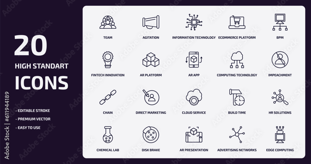 general outline icons set. general thin line icons pack such as team, ecommerce platform, ar platform, chain, disk brake, ar presentation, advertising networks, edge computing vector. general outline icons set. general thin line icons pack such as team, ecommerce platform, ar platform, chain, disk brake, ar presentation, advertising networks, edge computing vector.