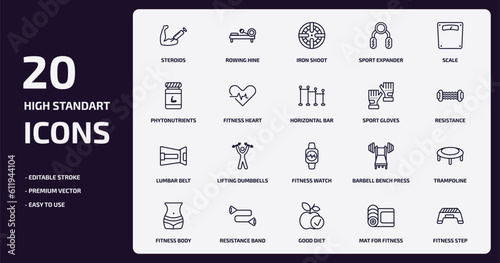 gym and fitness outline icons set. gym and fitness thin line icons pack such as steroids, sport expander, fitness heart, lumbar belt, resistance band, good diet, mat for step vector.