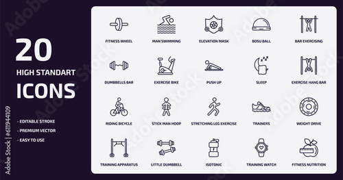 gym and fitness outline icons set. gym and fitness thin line icons pack such as fitness wheel, bosu ball, exercise bike, riding bicycle, little dumbbell, isotonic, training watch, nutrition vector.