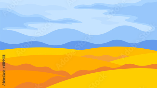 Bright ripe yellow wheat fields in flat style. Agricultural horizontal landscape.
