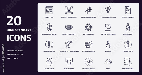 general outline icons set. general thin line icons pack such as news feed, floating balloons, smart contract, history brush, road tunnel, go green badge, sand, real time data vector.