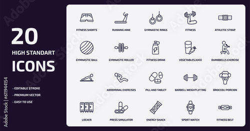 gym and fitness outline icons set. gym and fitness thin line icons pack such as fitness shorts, gymnastic roller, , press simulator, energy snack, sport watch, belt vector.