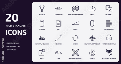 geometry outline icons set. geometry thin line icons pack such as parallel, undo, copy, polygonal mountains, off, polygonal windmill, change, polygonal scorpion vector.