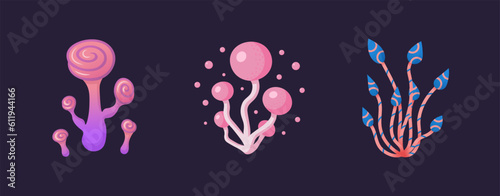 Bright cartoon fantasy mushroom set isolated on a dark background.
