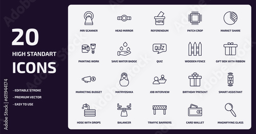 general outline icons set. general thin line icons pack such as mri scanner, patch crop, save water badge, marketing budget, balancer, traffic barriers, card wallet, magnifiying glass vector.