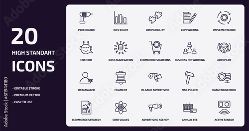 general outline icons set. general thin line icons pack such as perforator, copywriting, data aggregation, hr manager, core values, advertising agency, annual fee, active sensor vector.