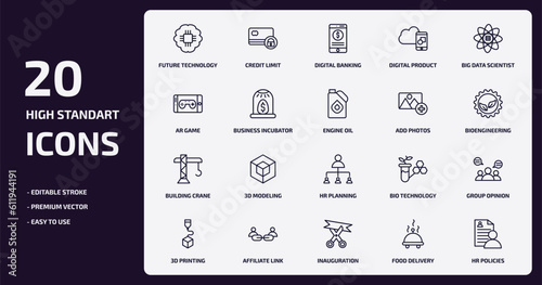 general outline icons set. general thin line icons pack such as future technology, digital product, business incubator, building crane, affiliate link, inauguration, food delivery, hr policies
