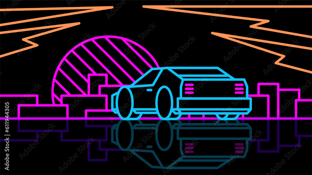 Neon supercar stands on the night city in 80s style. Outline retro sunset on cityscape on black background.