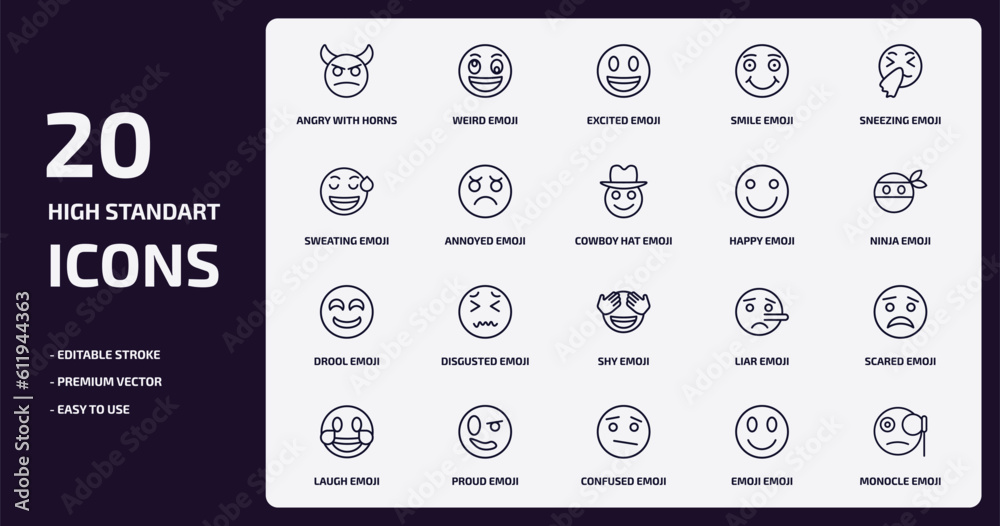emoji outline icons set. emoji thin line icons pack such as angry with horns emoji, smile annoyed drool proud confused monocle vector. emoji outline icons set. emoji thin line icons pack such as angry with horns emoji, smile annoyed drool proud confused monocle vector.