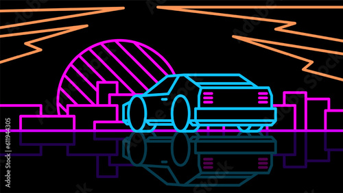 Neon supercar stands on the night city in 80s style. Outline retro sunset on cityscape on black background.