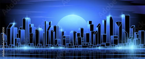 Night futuristic neon city with skyscrapers in retro wave style