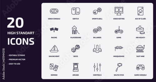 arcade outline icons set. arcade thin line icons pack such as video console, video editing, playground, sailing boat, arcade, controls, selfie stick, game console vector.