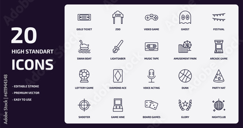 arcade outline icons set. arcade thin line icons pack such as gold ticket, ghost, lightsaber, lottery game, game hine, board games, glory, nightclub vector.
