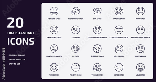 emoji outline icons set. emoji thin line icons pack such as nervous emoji, imagine sad hand over mouth pensive yelling bored love vector.