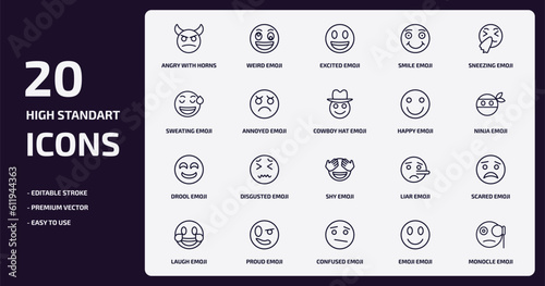 emoji outline icons set. emoji thin line icons pack such as angry with horns emoji, smile annoyed drool proud confused monocle vector.