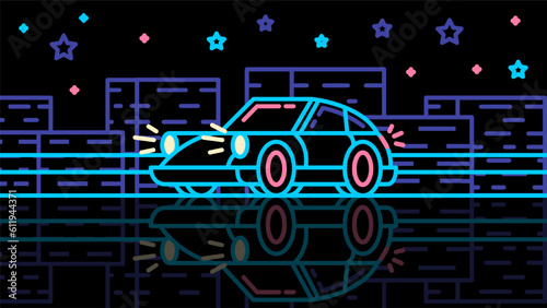 Night urban transport scene. Car rides through the city. Neon vintage illustration in retro gaming style on black background.