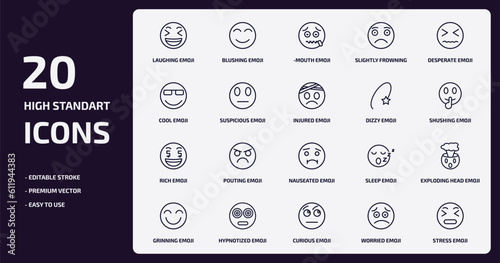 emoji outline icons set. emoji thin line icons pack such as laughing emoji, slightly frowning suspicious rich hypnotized curious worried stress vector.
