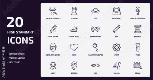education outline icons set. education thin line icons pack such as sherlock holmes, astronaut, robin hood, long john silver, scream, kids, rulers, ebook vector.