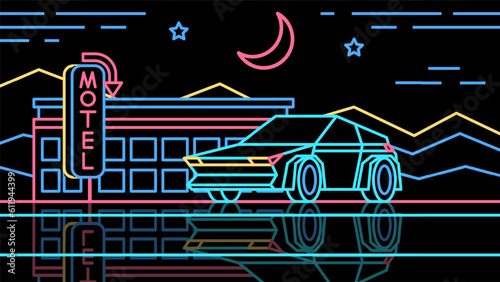 The car stopped for the night at motel. Retro style neon illustration on black background.