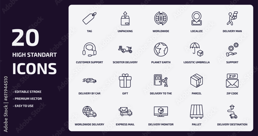 delivery and logistic outline icons set. delivery and logistic thin line icons pack such as tag, localize, scooter delivery, by car, express mail, monitor, pallet, destination vector.
