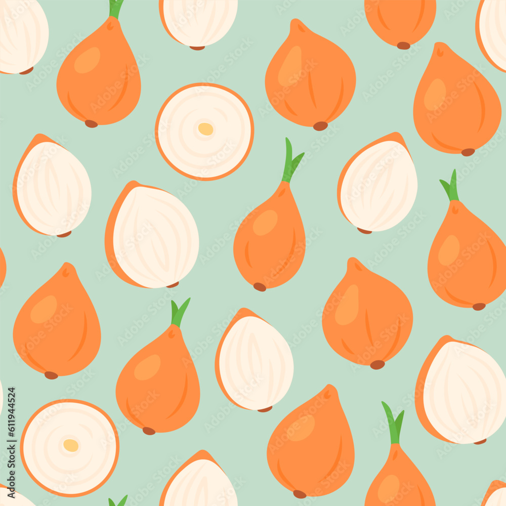 Juicy onion in flat style. Seamless vegetable pattern on green background. Juicy onion in flat style. Seamless vegetable pattern on green background.