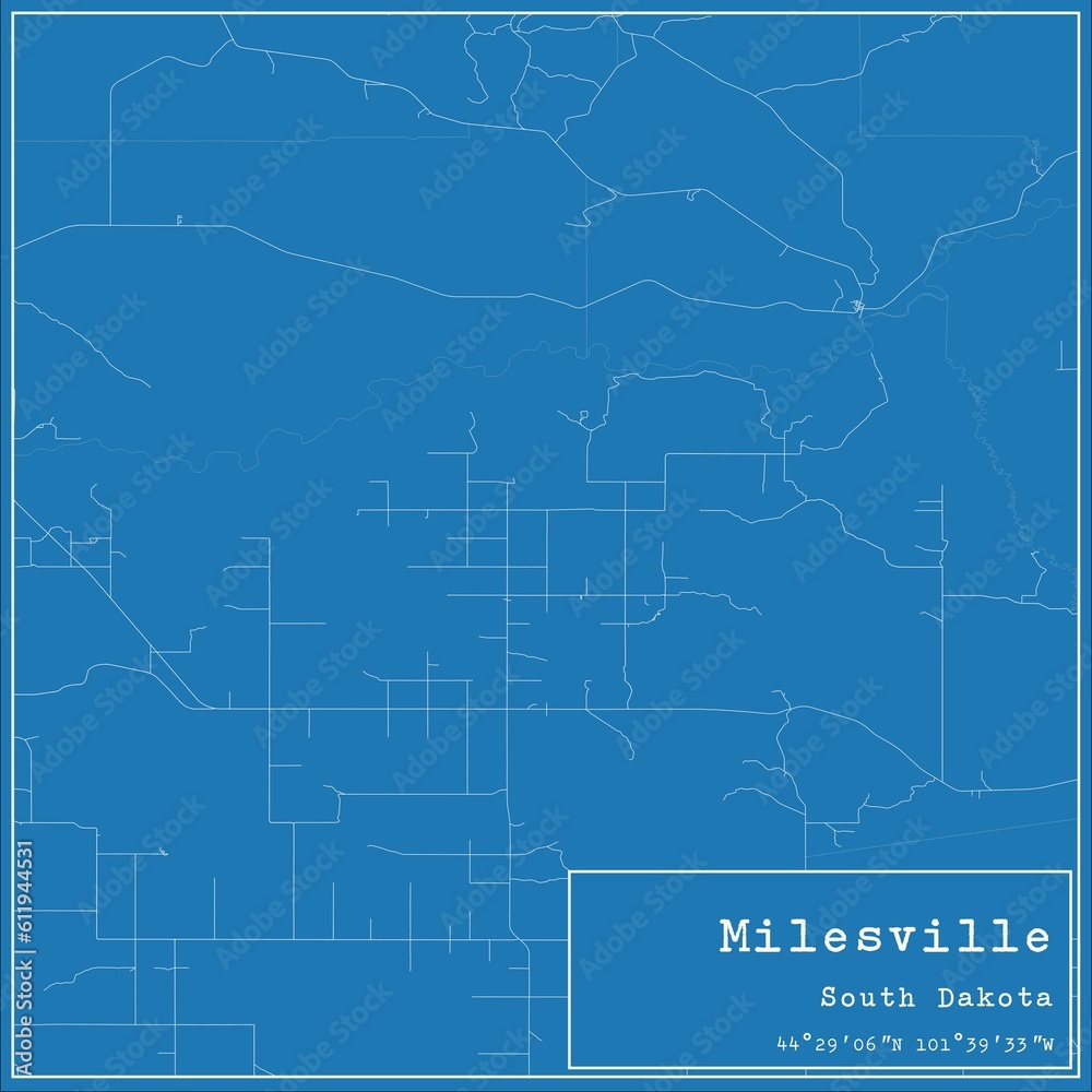 Blueprint US city map of Milesville, South Dakota.